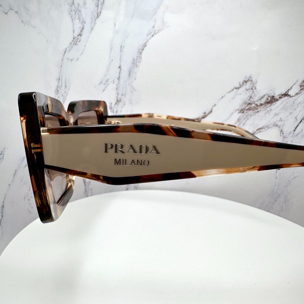 New PRADA Sunglasses Brown Beige Caramel Tortoise Gold Symbole Womens Rectangle - Picture 8 of 16